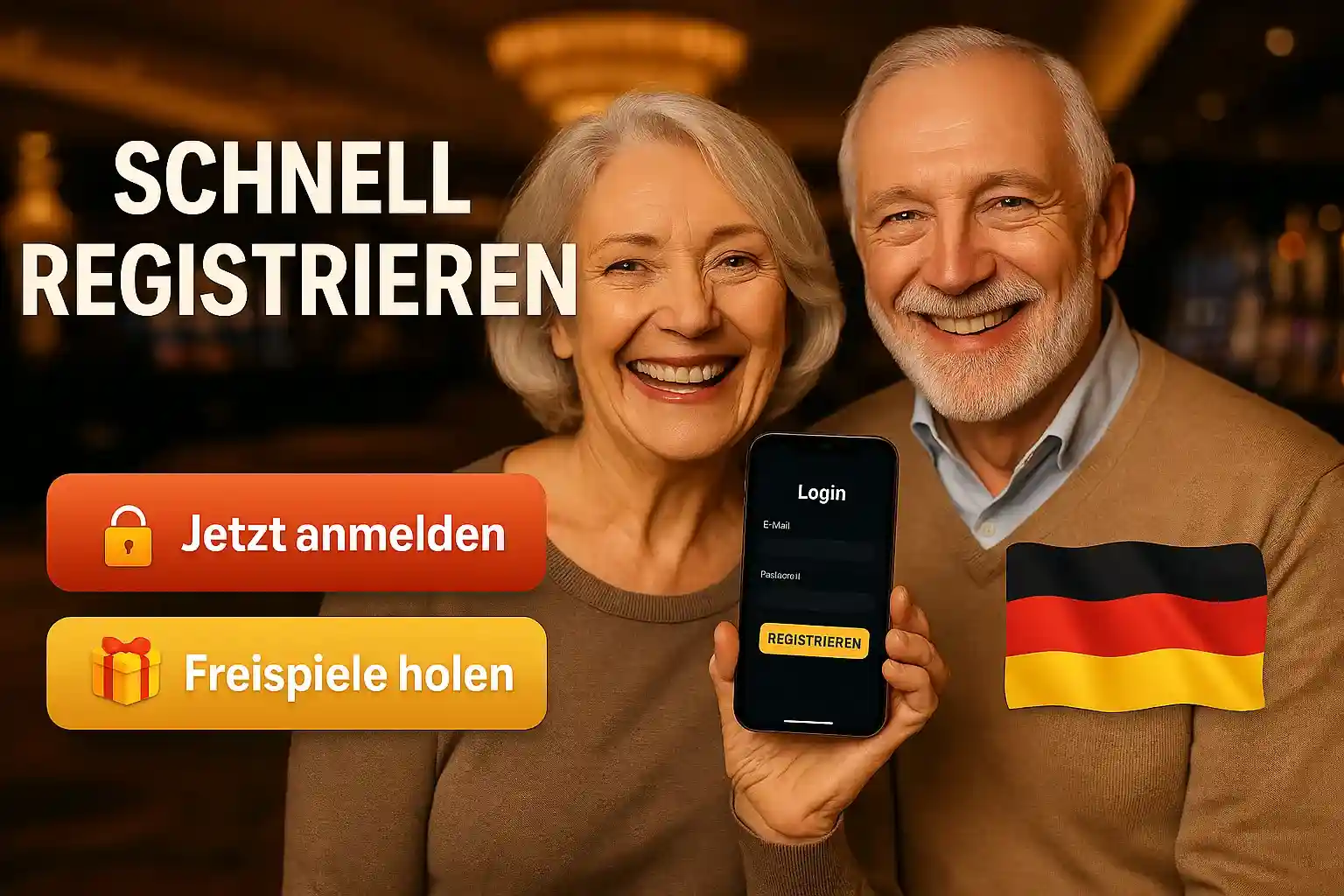 Glückliches Senioren-Paar mit deutscher Flagge und Capo Spin Registrierungs-App, Jetzt anmelden und Freispiele holen Buttons