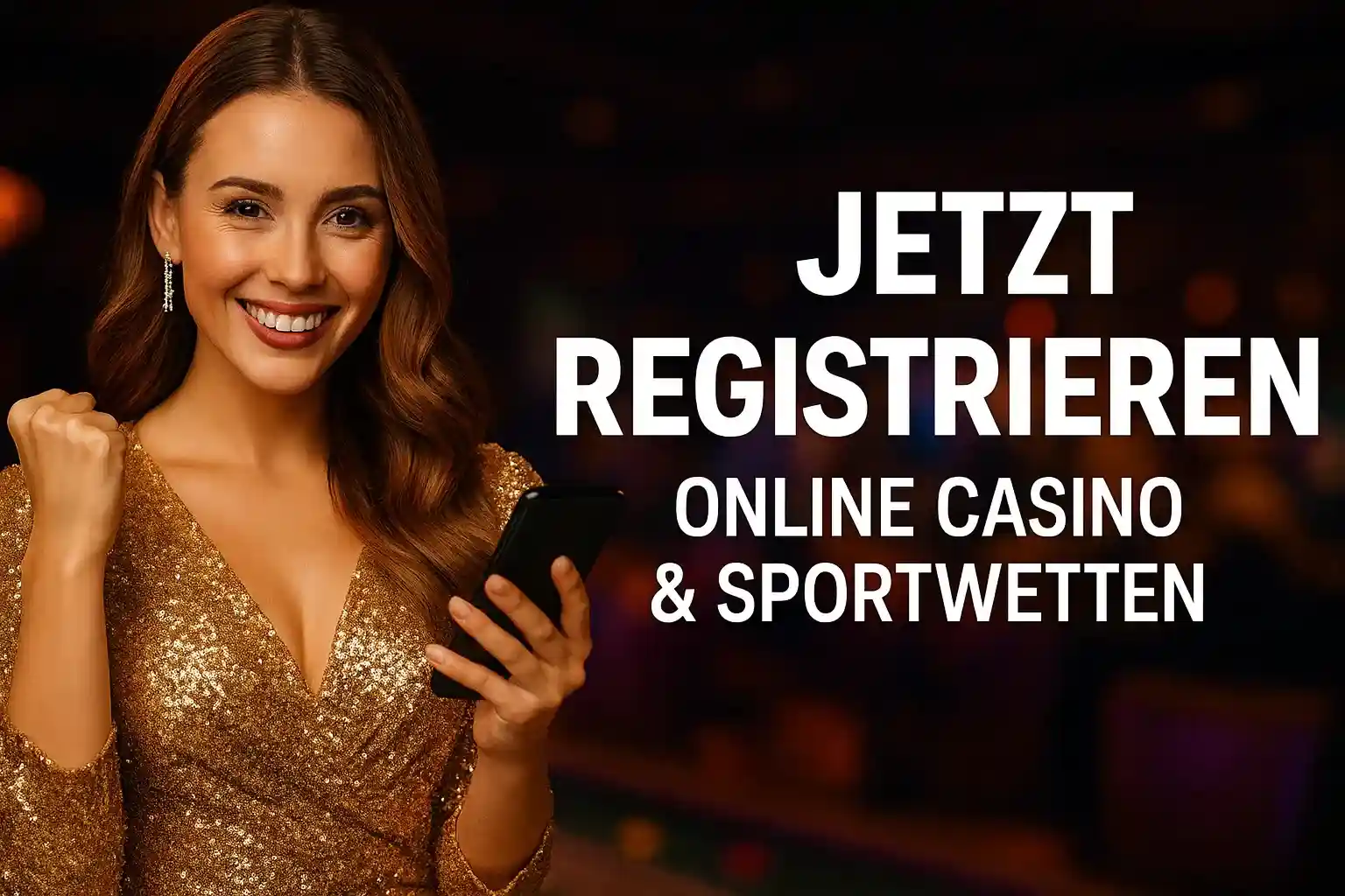 Elegante Frau im goldenen Kleid lädt zur Capo Spin Registrierung für Online Casino & Sportwetten ein