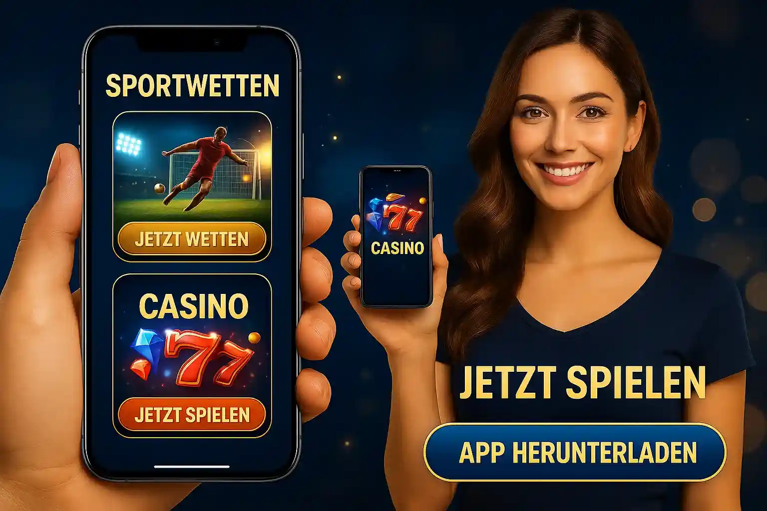 Lächelnde Frau mit zwei Smartphones zeigt Capo Spin Sportwetten und Casino App mit 777 Slots und Fußball-Wetten