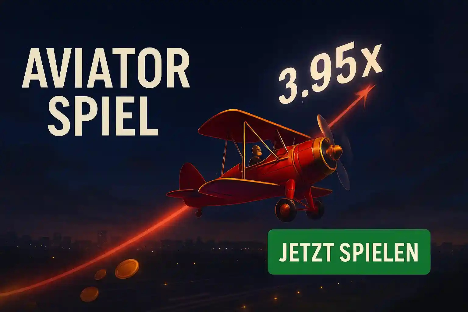 Capo Spin Aviator Spiel mit rotem Doppeldecker-Flugzeug und 3.95x Multiplikator im nächtlichen Himmel, Jetzt spielen Button