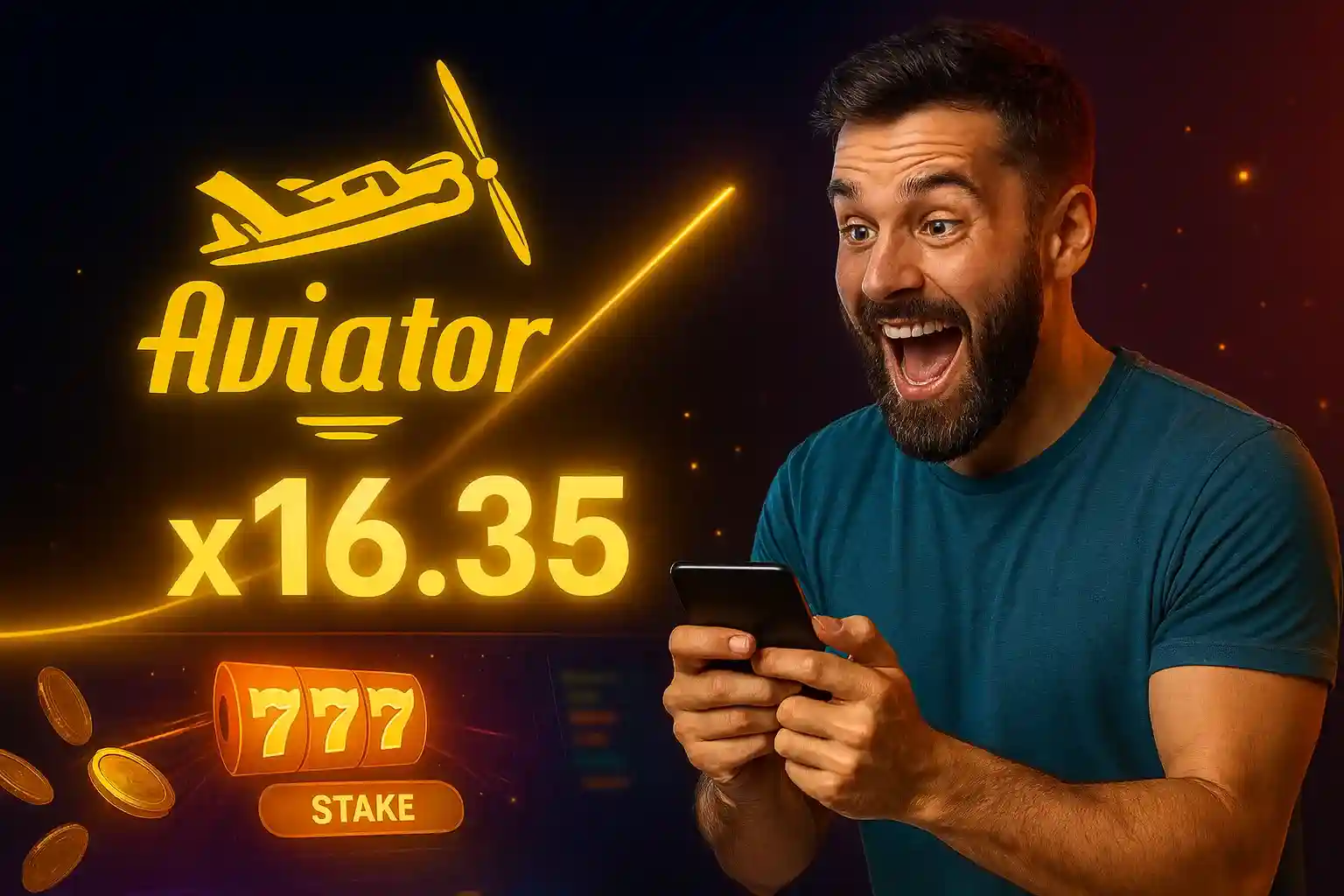 Begeisterter Mann mit Smartphone feiert Capo Spin Aviator Gewinn von x16.35 mit goldenen Münzen und 777 Stake-Anzeige