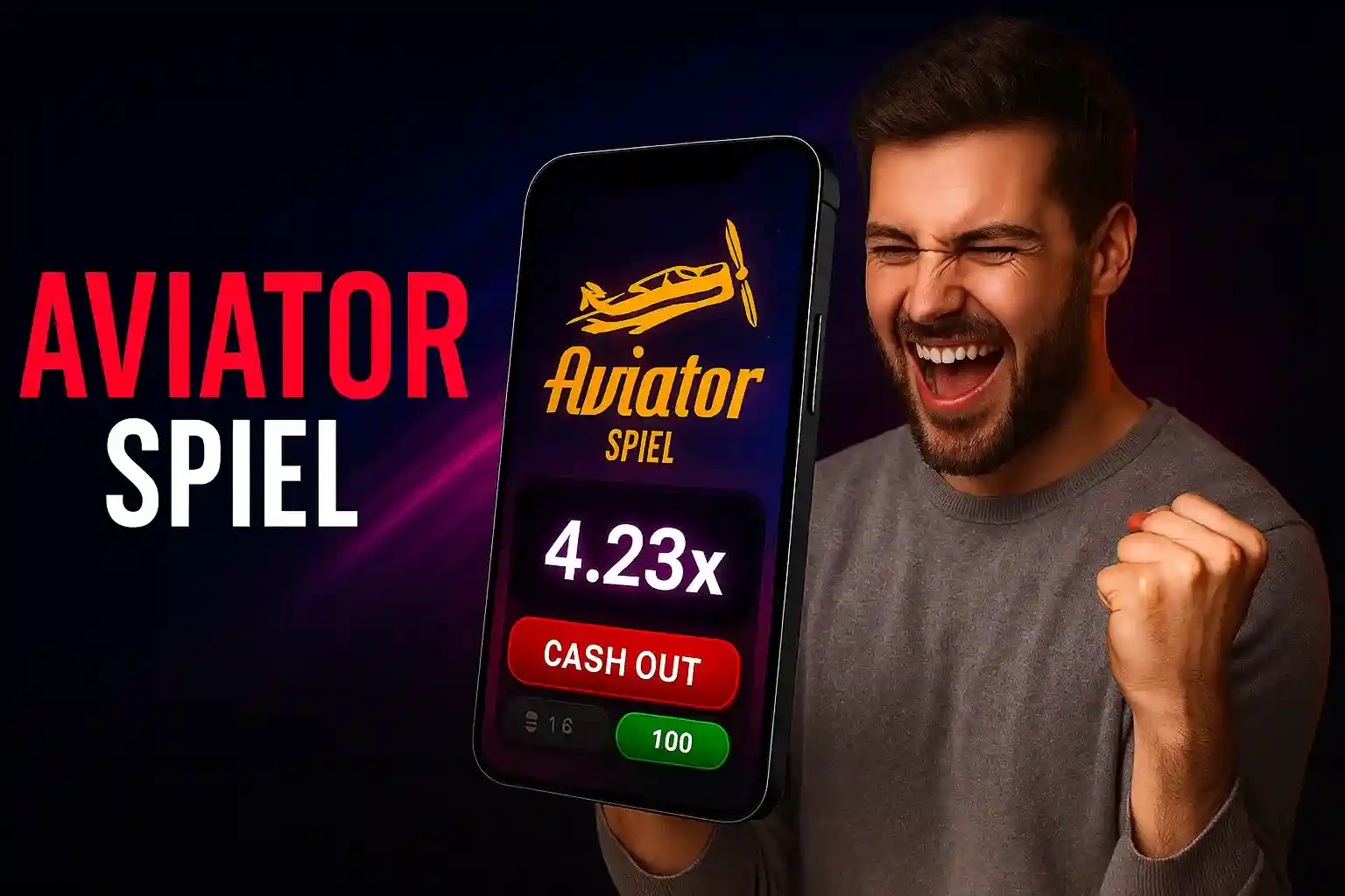 Jubelnder Mann zeigt Capo Spin Aviator Spiel auf Smartphone mit 4.23x Gewinn und Cash Out Button