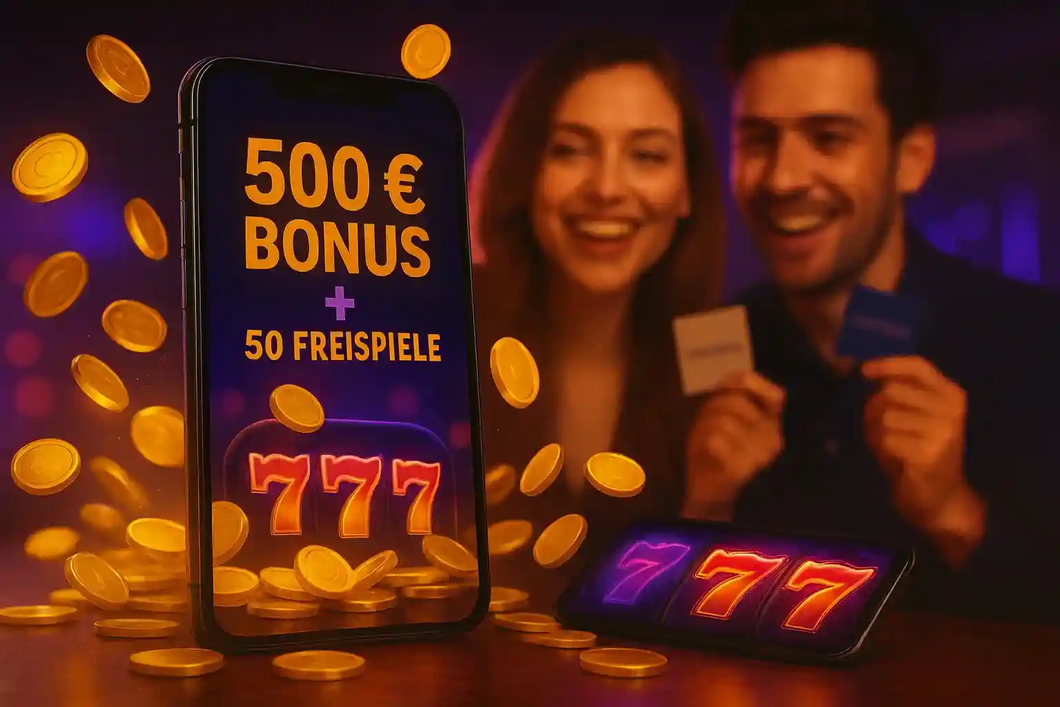 Capo Spin 500€ Bonus + 50 Freispiele sichern Glückliches Paar mit Smartphone zeigt Capo Spin 500€ Bonus und 50 Freispiele Angebot mit fliegenden Goldmünzen und 777 Slots