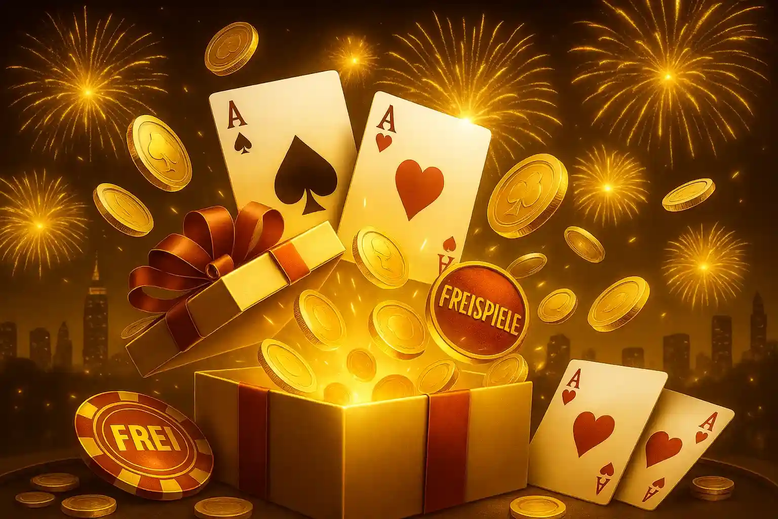Capo Spin Freispiele - Jetzt Geschenk-Bonus holen Capo Spin Freispiele-Geschenkbox mit Ass-Karten, goldenen Münzen und Feuerwerk im Hintergrund für Casino-Boni