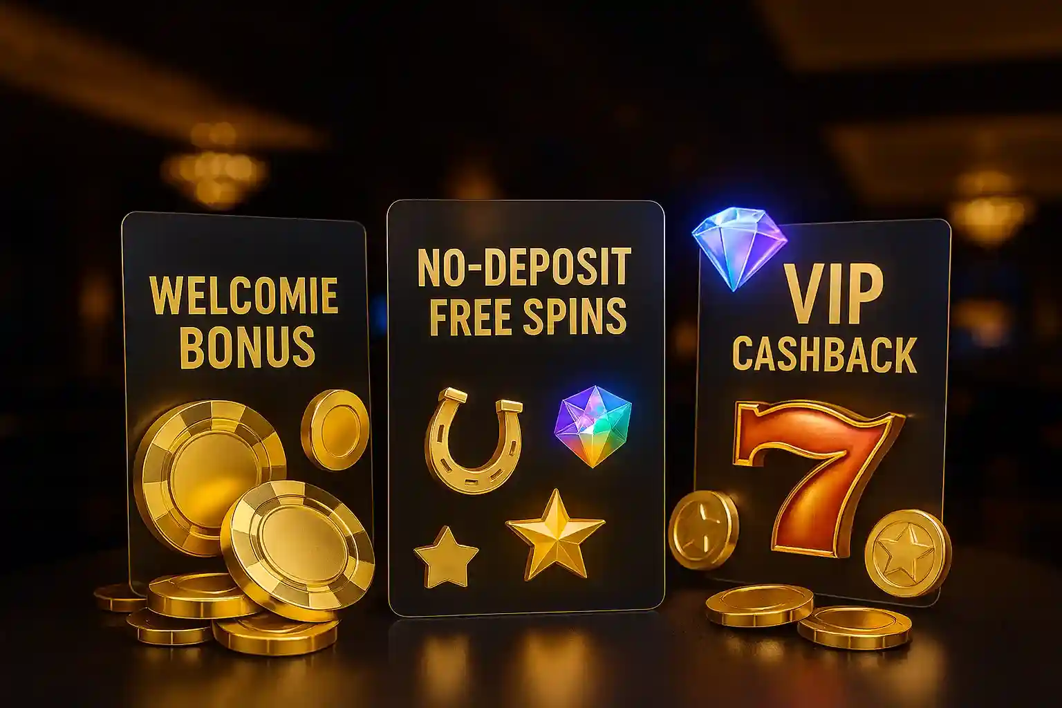 Capo Spin Bonus-Programm - Welcome, Freispiele & VIP Drei Capo Spin Bonus-Karten: Welcome Bonus, No-Deposit Free Spins und VIP Cashback mit goldenen Chips und Symbolen