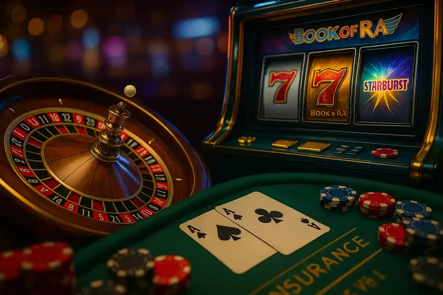 Capo Spin Spielvielfalt - Roulette, Slots und mehr Capo Spin Casino Spiele Setup mit Roulette-Rad, Book of Ra Slot, Spielkarten und bunten Chips auf grünem Spieltisch