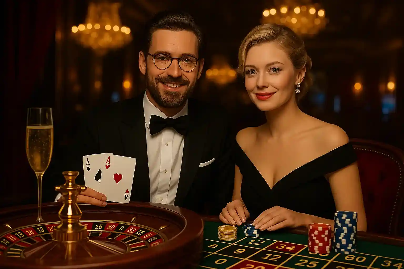 Capo Spin Premium Casino - Luxuriöses Spielerlebnis Elegantes Paar in Abendgarderobe am Capo Spin Roulette-Tisch in luxuriöser Casino-Atmosphäre mit Champagner und Chips