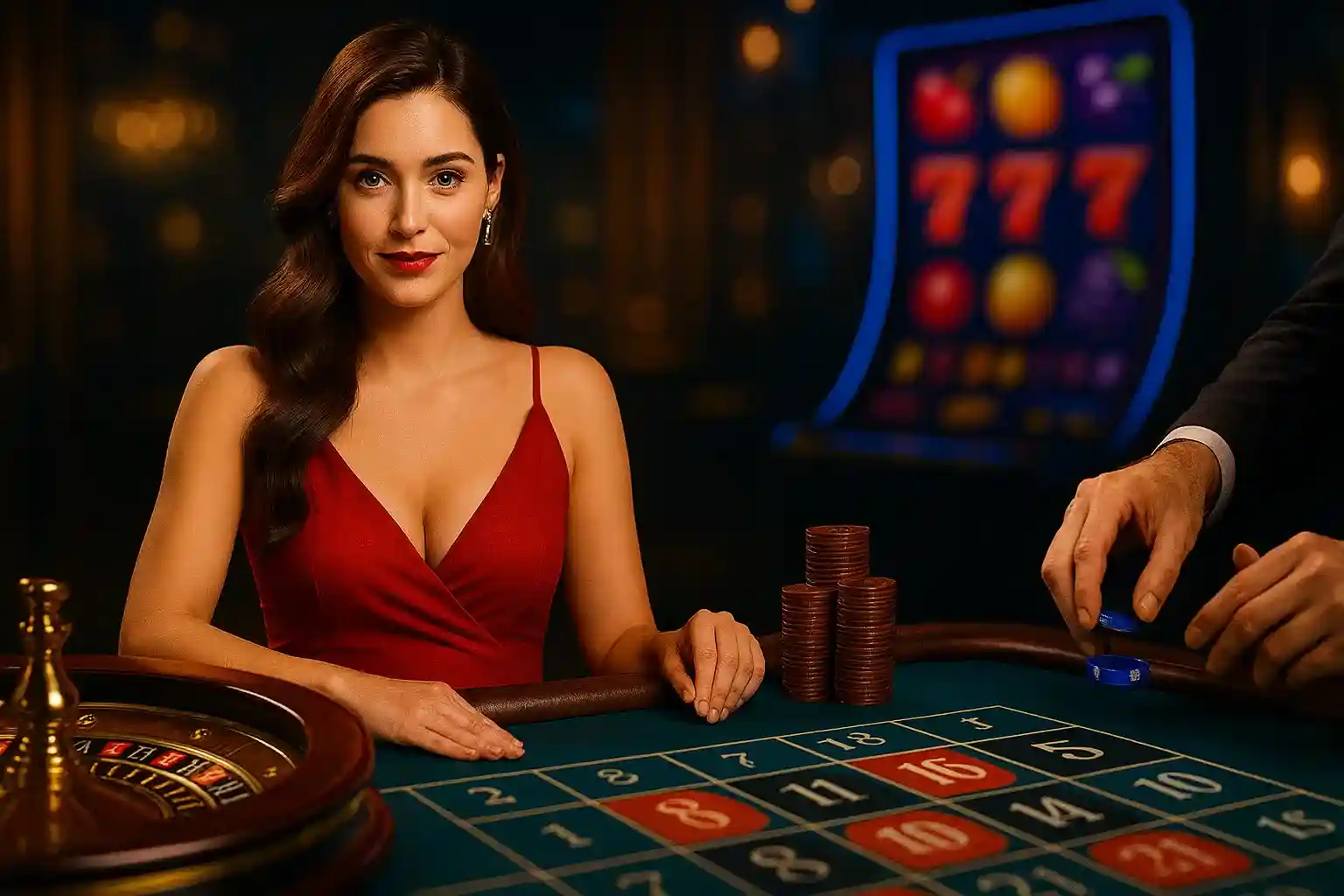 Capo Spin Live Casino - Echte Dealer, echtes Erlebnis Attraktive Live-Dealerin im roten Kleid am Capo Spin Roulette-Tisch mit Chips und Slot-Maschinen im Hintergrund