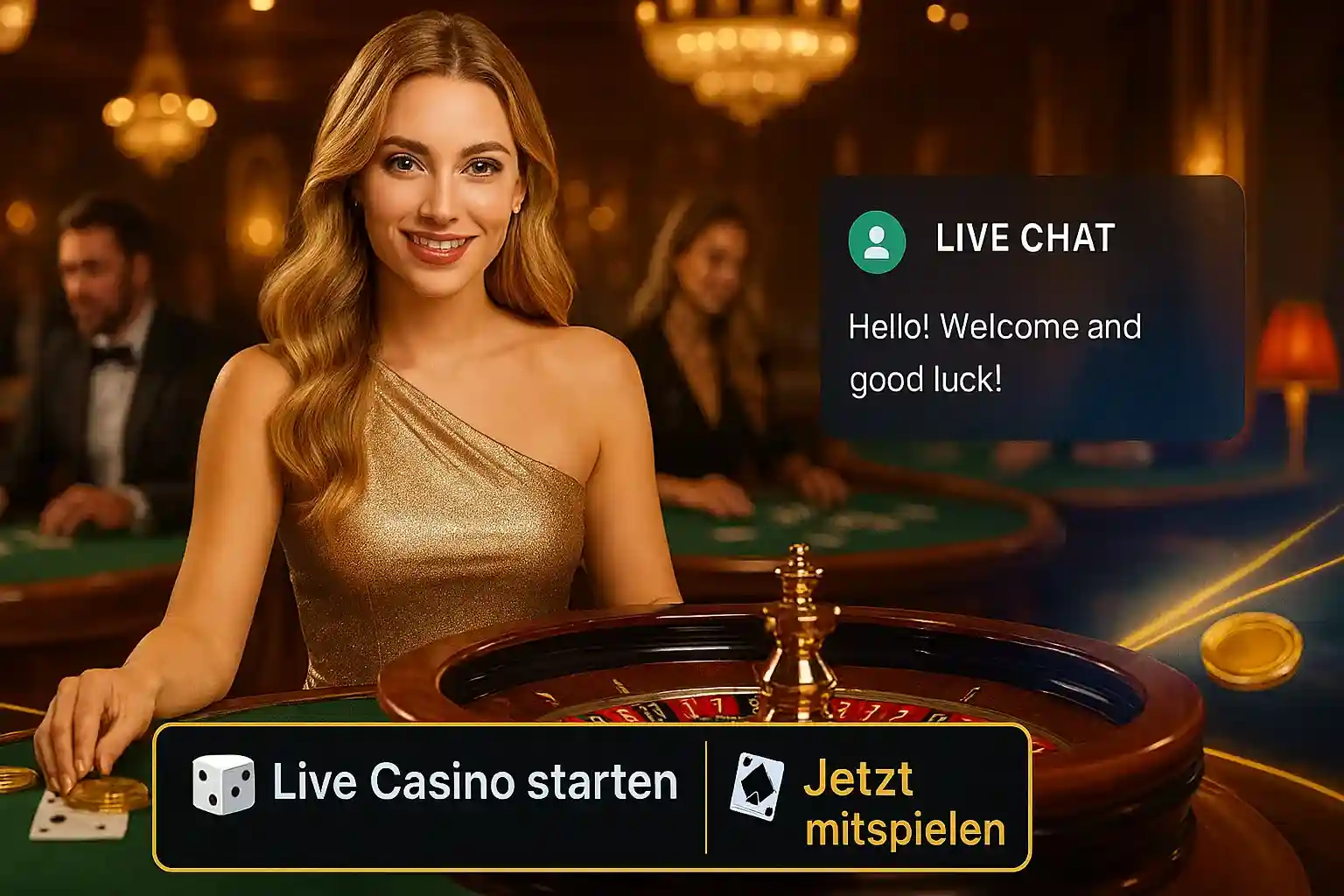 Capo Spin Live Casino starten - Jetzt mitspielen Capo Spin Live Casino Dealerin mit Live Chat Hello! Welcome and good luck! und Live Casino starten Button am Roulette-Tisch