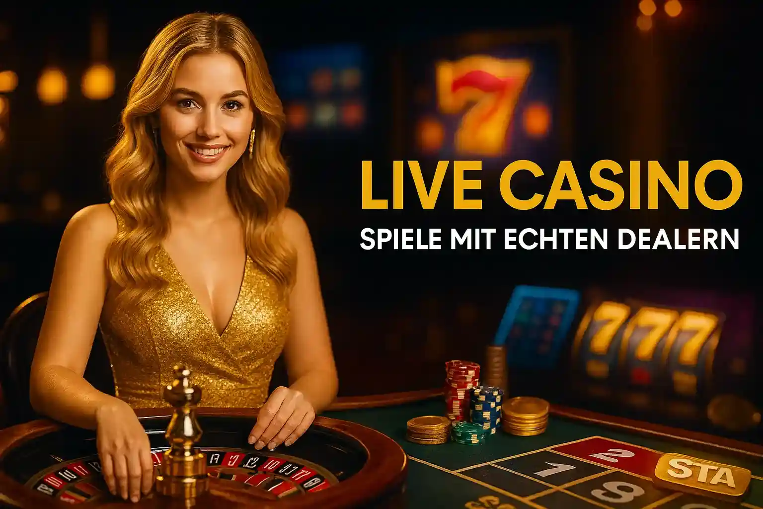 Capo Spin Live Casino - Spiele mit echten Dealern Elegante blonde Capo Spin Live Casino Dealerin im goldenen Kleid am Roulette-Tisch mit Chips und Slot-Maschinen