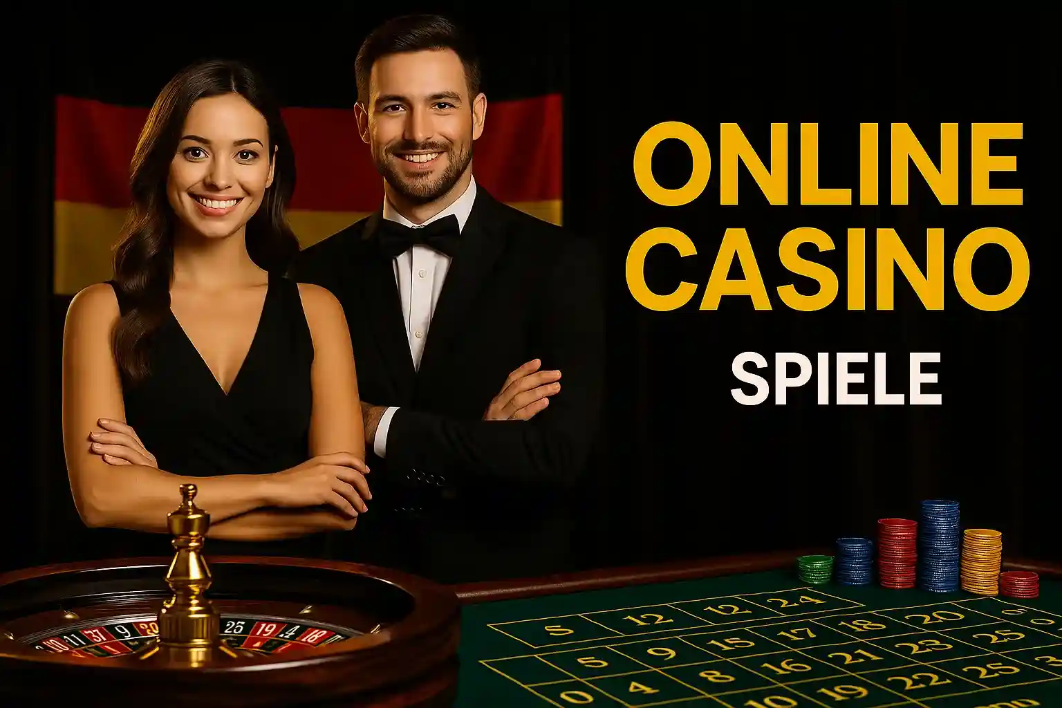Capo Spin Online Casino - Deutsche Premium-Spiele Elegantes Paar vor deutscher Flagge präsentiert Capo Spin Online Casino Spiele mit Roulette-Tisch und bunten Chips
