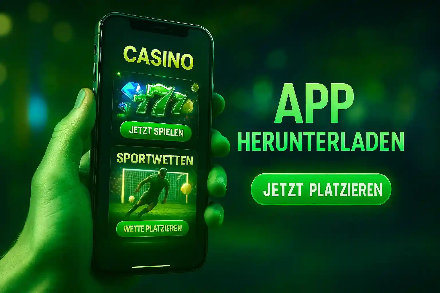 Capo Spin App - Casino & Sportwetten grün Hand hält Capo Spin Casino & Sportwetten App mit grünem Design, 777 Slots und Fußball-Wetten, Jetzt platzieren Button