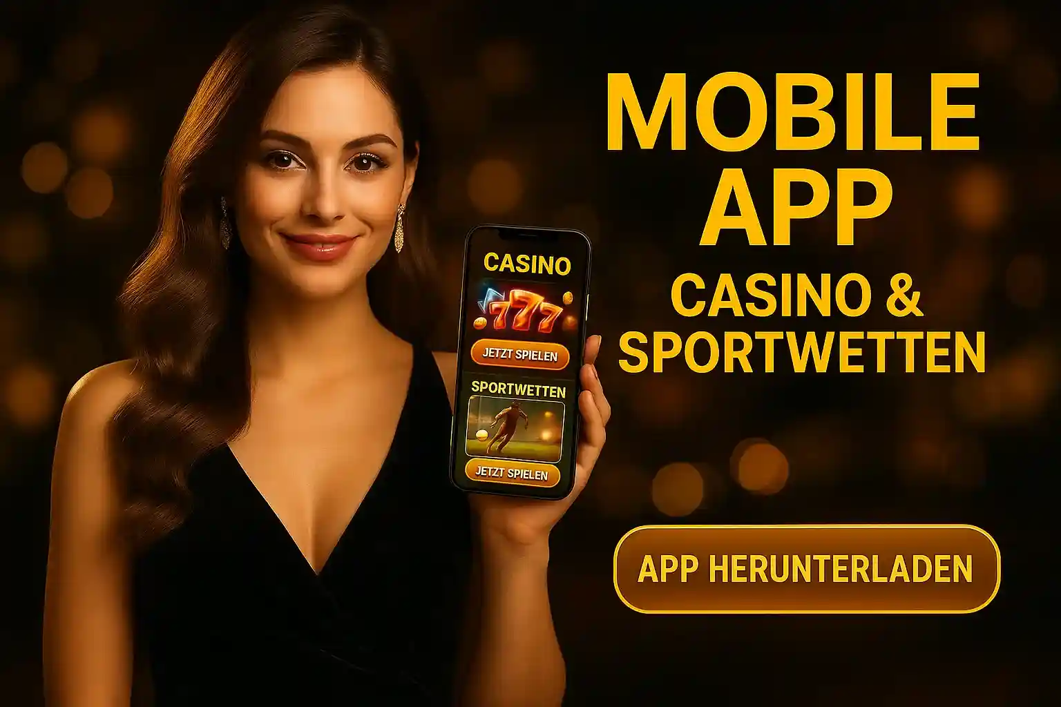 Capo Spin Mobile App - Casino & Sportwetten Elegante Frau präsentiert Capo Spin Mobile App für Casino & Sportwetten mit 777 Slots und App herunterladen Button