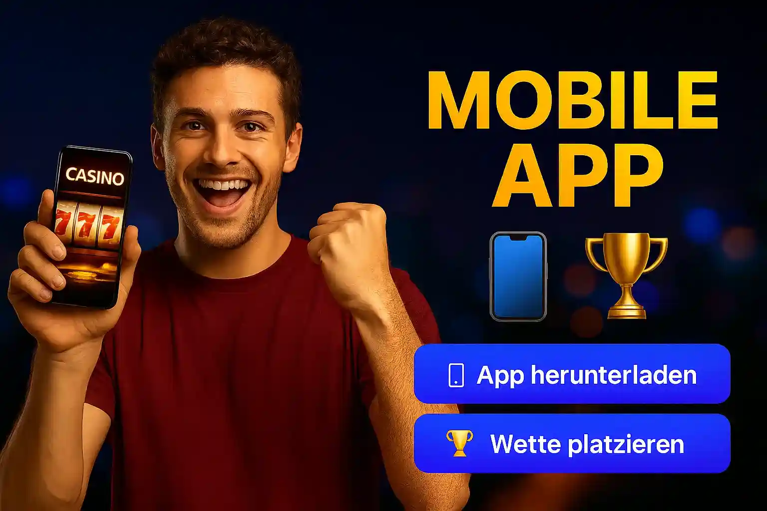 Capo Spin Mobile App - 777 Slots gewinnen Glücklicher Mann mit Capo Spin Mobile Casino App zeigt 777 Slots auf Smartphone, App herunterladen und Wette platzieren Buttons