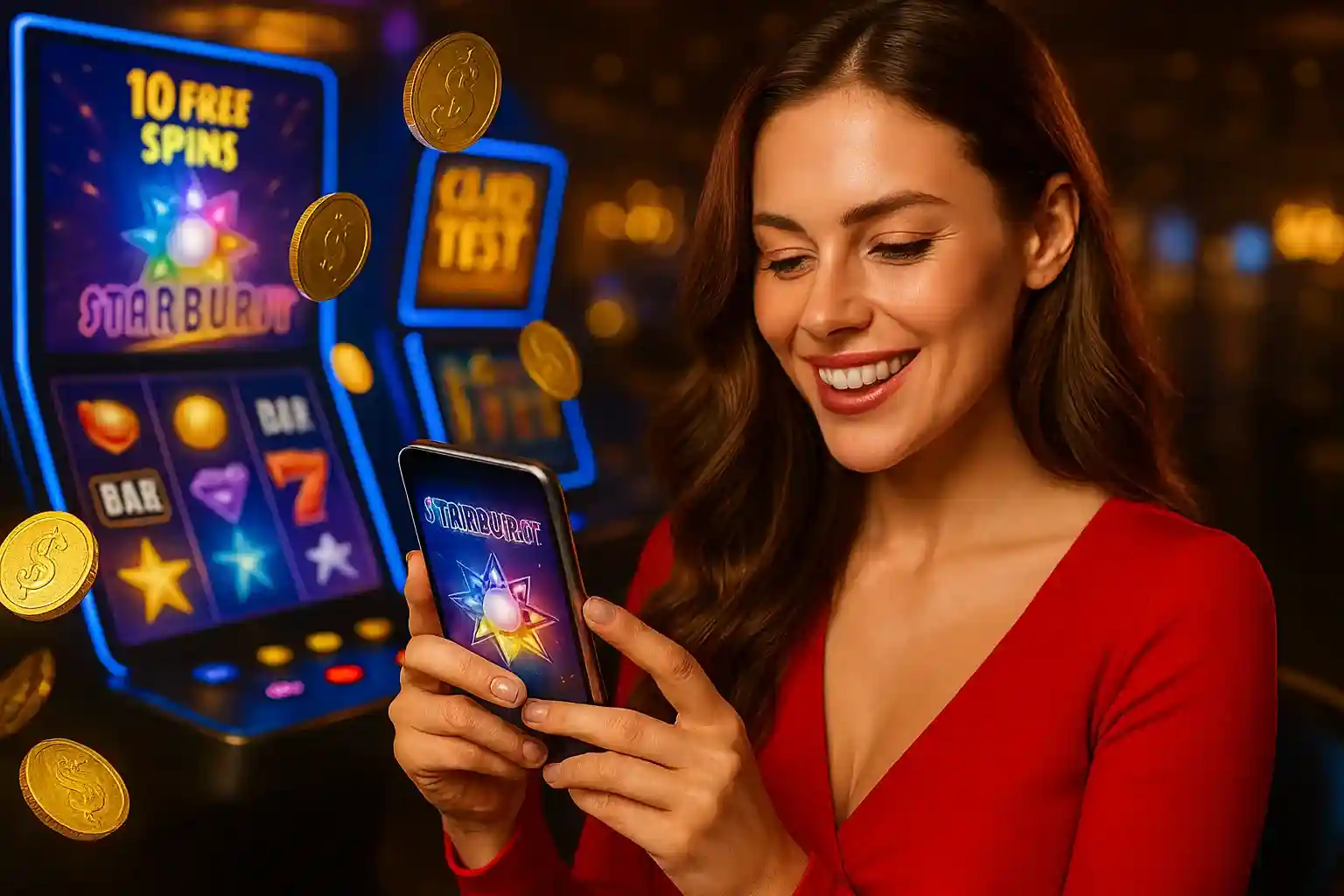 Lächelnde Frau spielt Capo Spin Starburst Slot auf dem Smartphone mit fliegenden Goldmünzen und Slot-Maschinen im Hintergrund