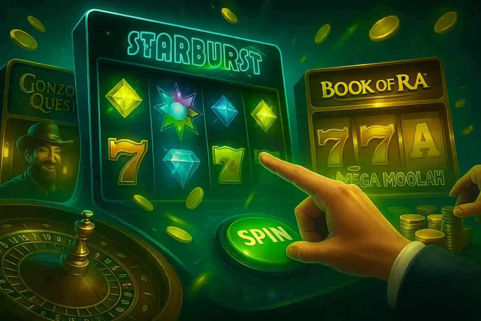 Beliebte Capo Spin Slots wie Starburst, Gonzo's Quest und Book of Ra mit goldenen Münzen und Spin-Button