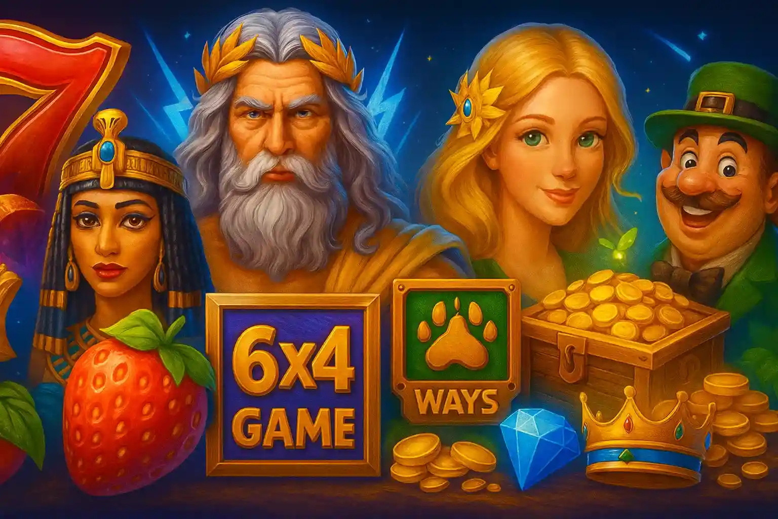 Capo Spin Slot-Charaktere aus verschiedenen Themenwelten: Ägypten, Mythologie, Märchen mit '6x4 Game Ways' Feature