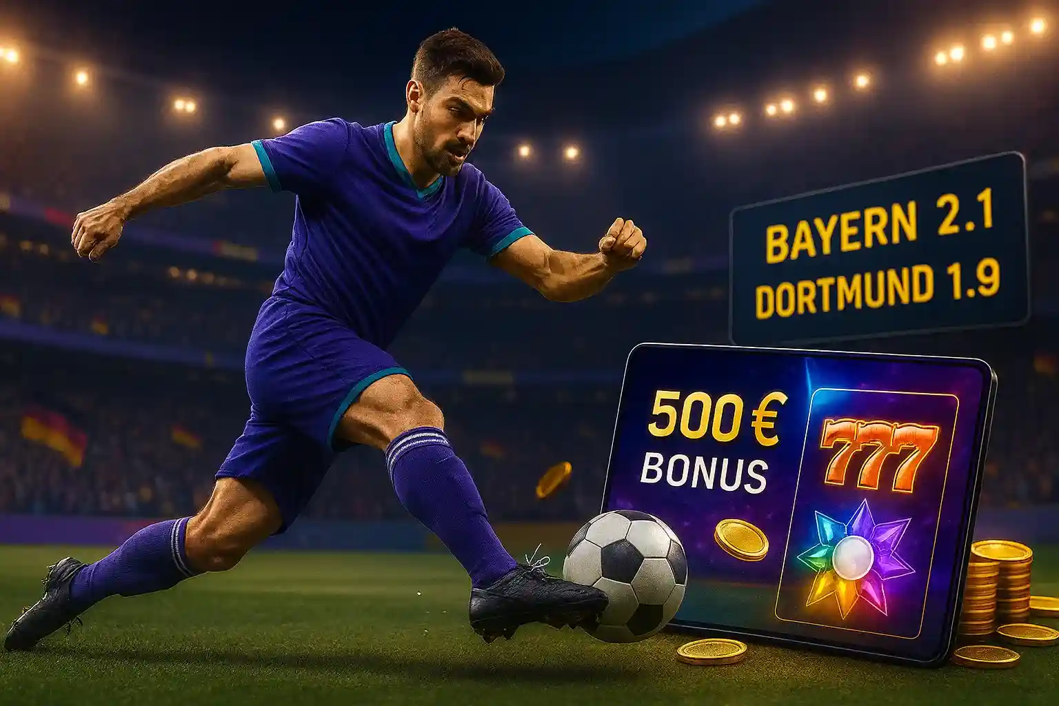 Capo Spin Sportwetten - Bayern vs. Dortmund wetten Capo Spin Fußballspieler im Stadion mit Bayern vs. Dortmund Quoten 2.1 und 1.9, 500€ Bonus und 777 Slot-Symbolen