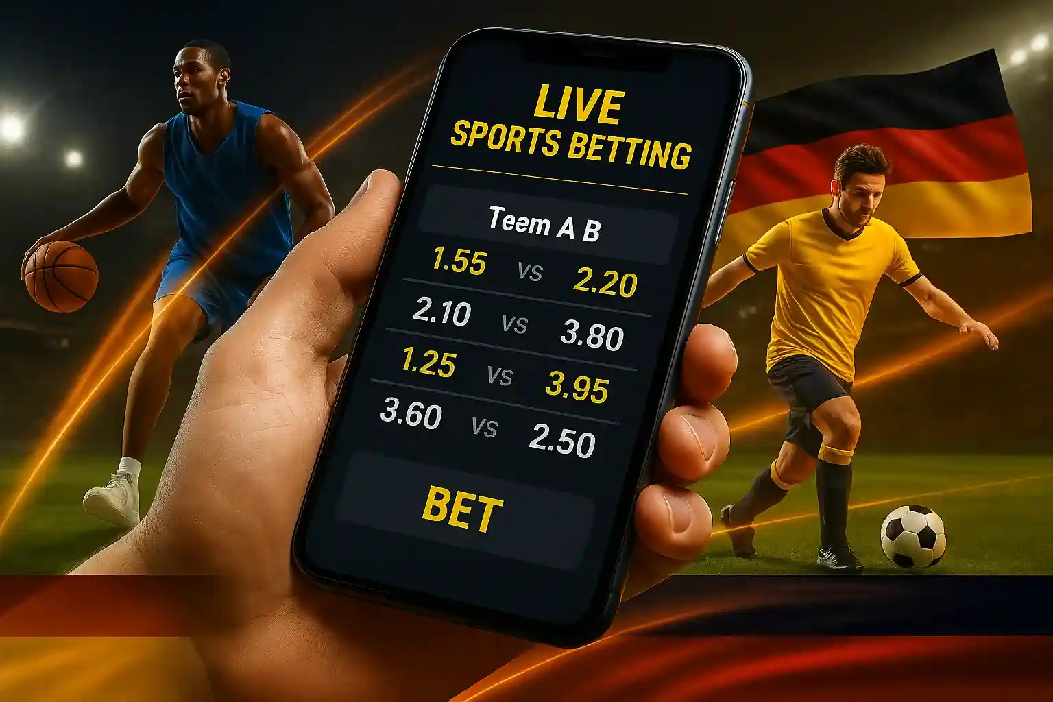 Capo Spin Live Sportwetten - Jetzt live wetten Capo Spin Live Sports Betting App mit Basketball- und Fußball-Quoten, deutsche Flagge und BET Button auf Smartphone