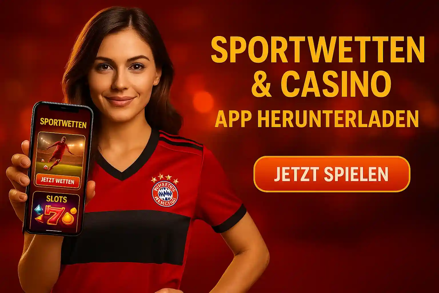 Capo Spin Sportwetten & Casino App herunterladen Frau im roten Trikot präsentiert Capo Spin Sportwetten & Casino App auf Smartphone mit Jetzt spielen Button