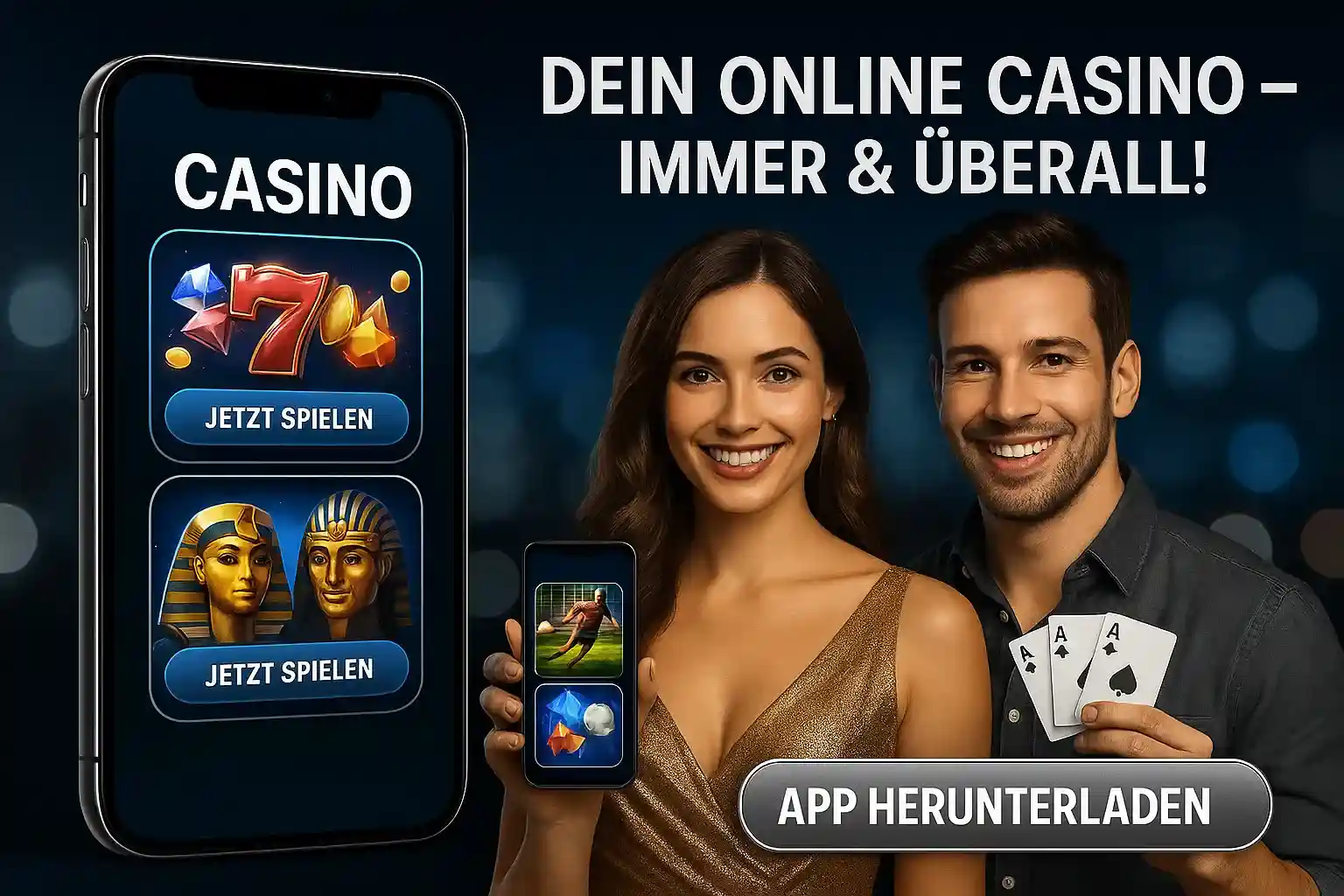 Capo Spin Casino App - Immer und überall spielen Glückliches Paar mit Smartphone zeigt Capo Spin Casino App mit Slots und Spielen, App herunterladen Button sichtbar