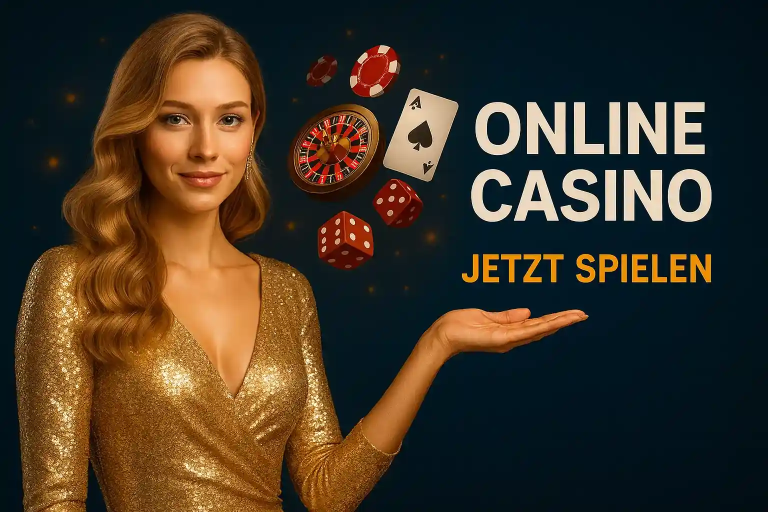 Capo Spin Online Casino - Jetzt spielen und gewinnen Elegante Frau im goldenen Kleid präsentiert Capo Spin Online Casino mit schwebenden Spielelementen wie Roulette, Karten und Würfeln