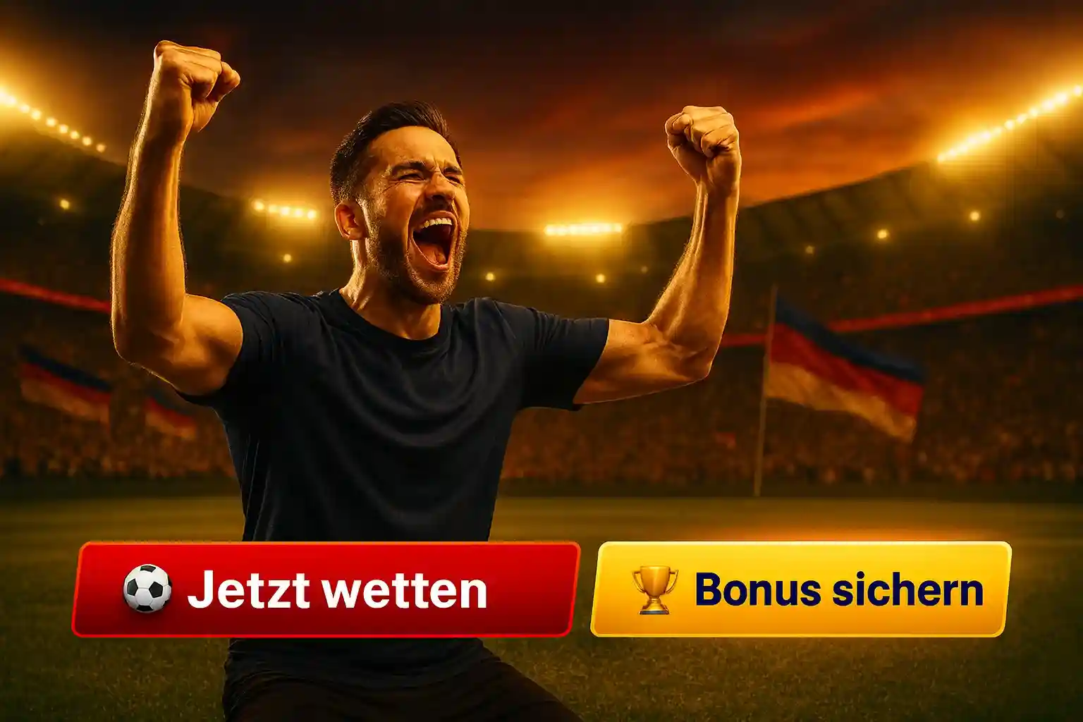 Capo Spin Sportwetten - Jetzt wetten und Bonus sichern Jubelnder Mann im Stadion feiert seinen Gewinn bei Capo Spin Sportwetten mit Jetzt wetten und Bonus sichern Buttons