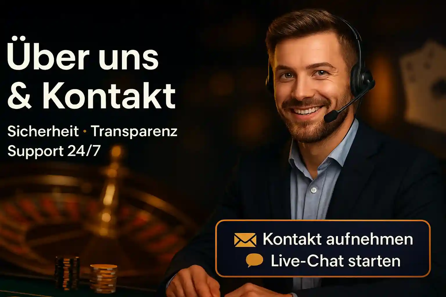 Freundlicher Capo Spin Kundensupport-Mitarbeiter mit Headset bietet 24/7 Service, Kontakt aufnehmen und Live-Chat Buttons