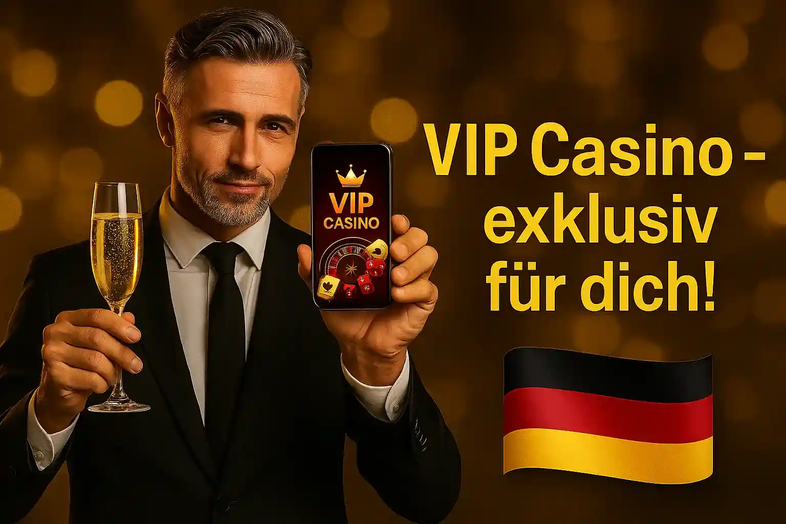 Eleganter VIP-Mann mit Champagner und Capo Spin VIP Casino App vor deutscher Flagge - exklusiv für dich!